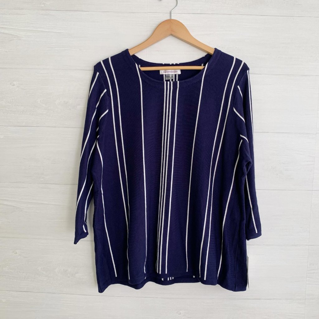 Nwt Allison Daley - Navy Blue White Striped 3/4 Sleeve Viscose Sweater, Xl